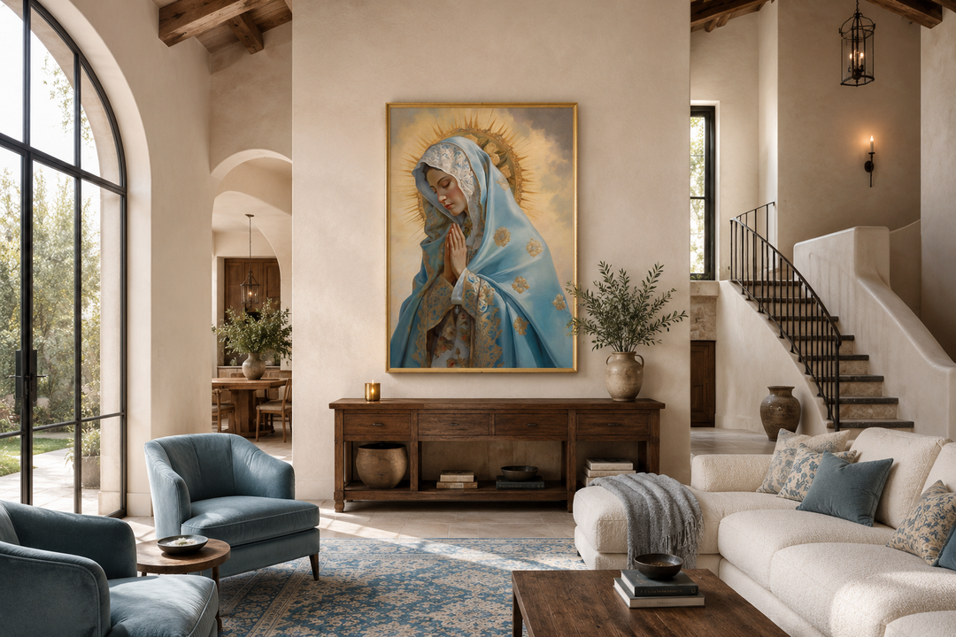 Our Lady of Guadalupe framed canvas wall art hanging above a wooden console in a bright living room.