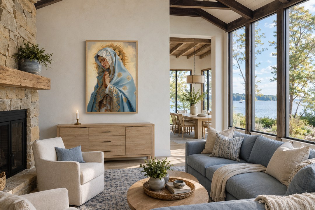 Our Lady of Guadalupe framed canvas wall art hanging above a wooden sideboard in a living room.