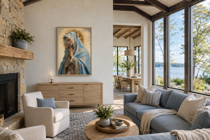 Our Lady of Guadalupe framed canvas wall art hanging above a wooden sideboard in a living room.