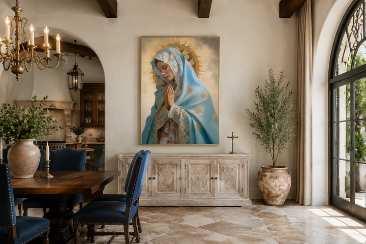 Our Lady of Guadalupe framed canvas wall art in a serene, Mediterranean-style dining room.