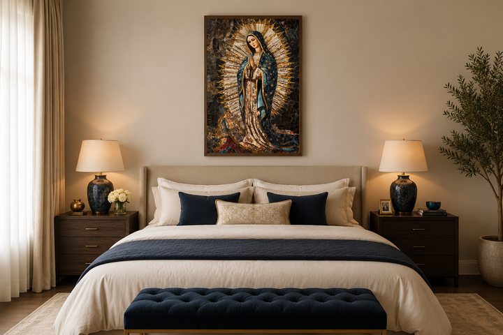 Our Lady of Guadalupe mosaic painting canvas wall art centered above a bed in a neutral bedroom.