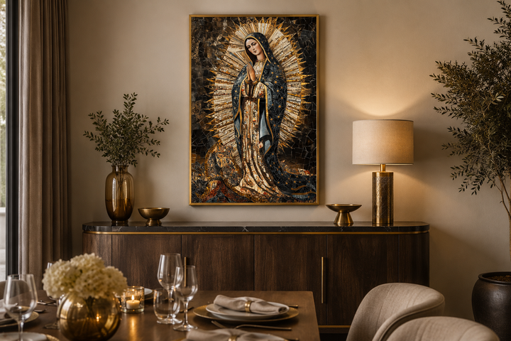 Our Lady of Guadalupe mosaic-style canvas wall art in a black and gold palette above a sideboard.