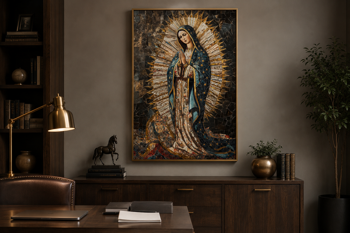 Our Lady of Guadalupe mosaic-style canvas wall art in a black and gold palette on a dark wall.