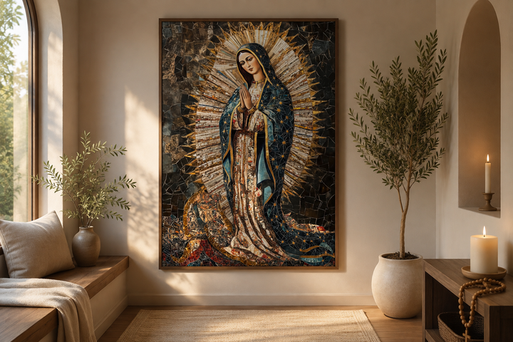 Our Lady of Guadalupe mosaic-style canvas wall art in a black and gold palette, framed on a wall.