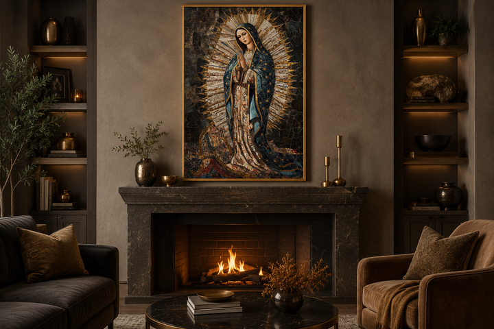 Our Lady of Guadalupe mosaic painting canvas wall art hanging above a dark marble fireplace.