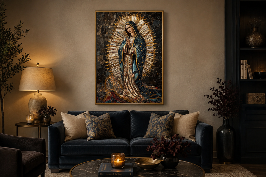 Our Lady of Guadalupe mosaic-style canvas wall art in a black and gold palette above a blue sofa.