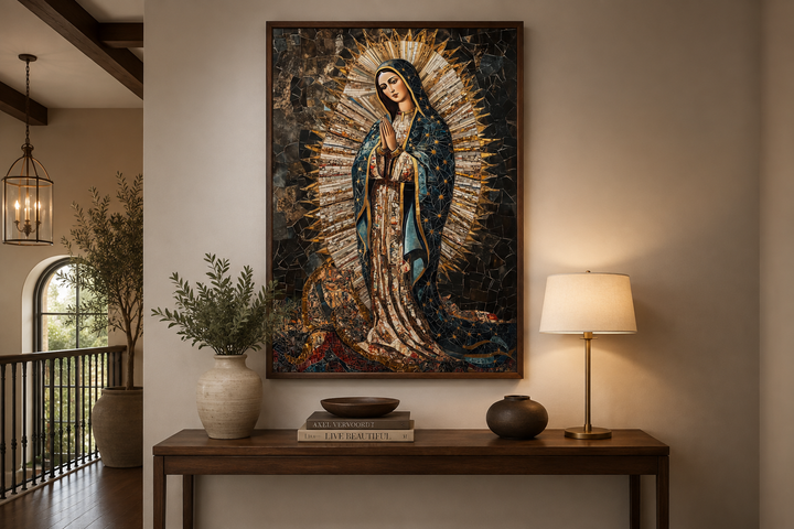 Our Lady of Guadalupe mosaic-style canvas wall art in a black and gold palette on a neutral wall.