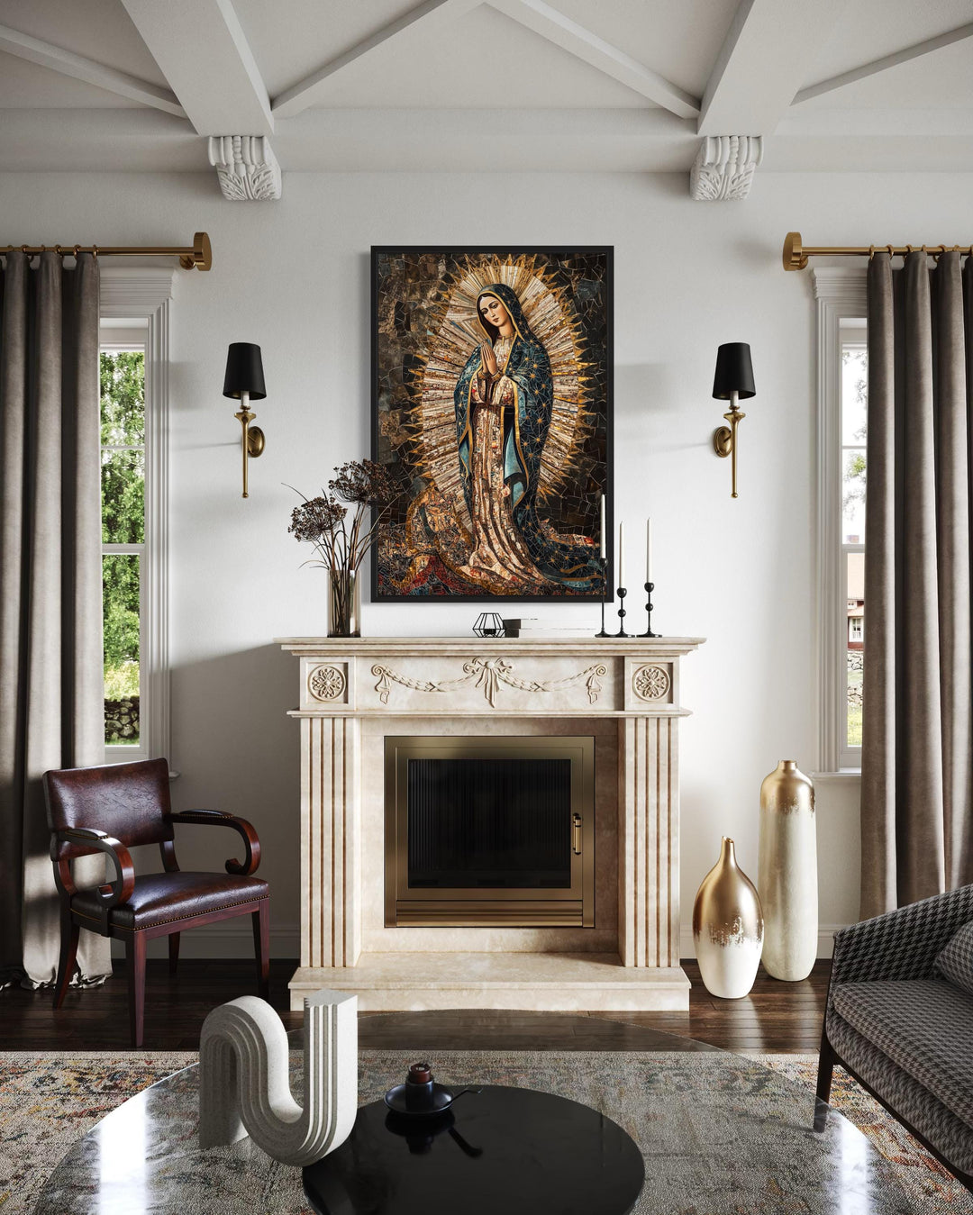 Our Lady of Guadalupe mosaic painting canvas wall art displayed above a fireplace in a living room.