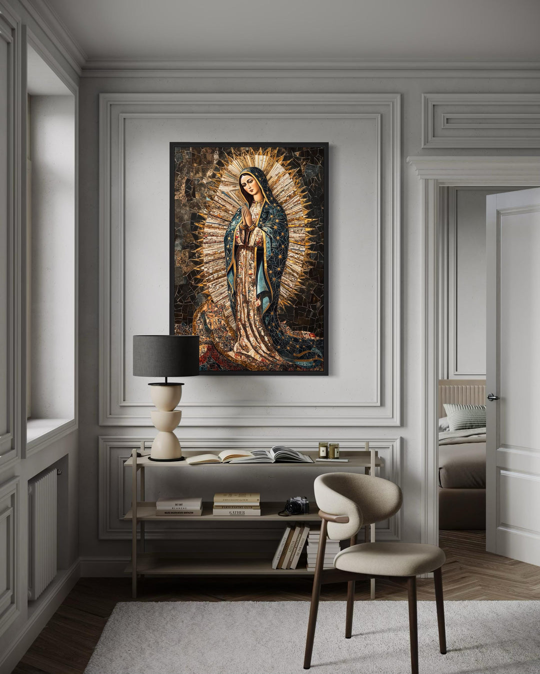 Our Lady of Guadalupe mosaic-style canvas wall art in a black frame above a console table.