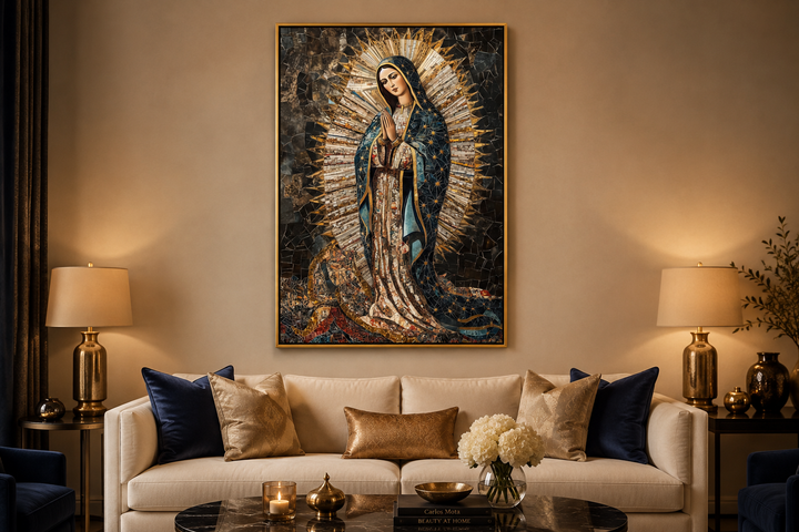 Our Lady of Guadalupe mosaic-style canvas wall art in a gold frame above a cream sofa.