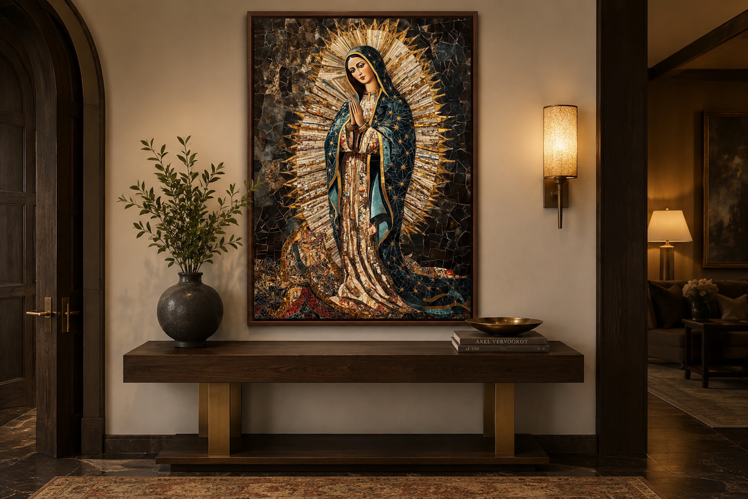 Our Lady of Guadalupe mosaic-style canvas wall art in a black and gold palette above a wood console.