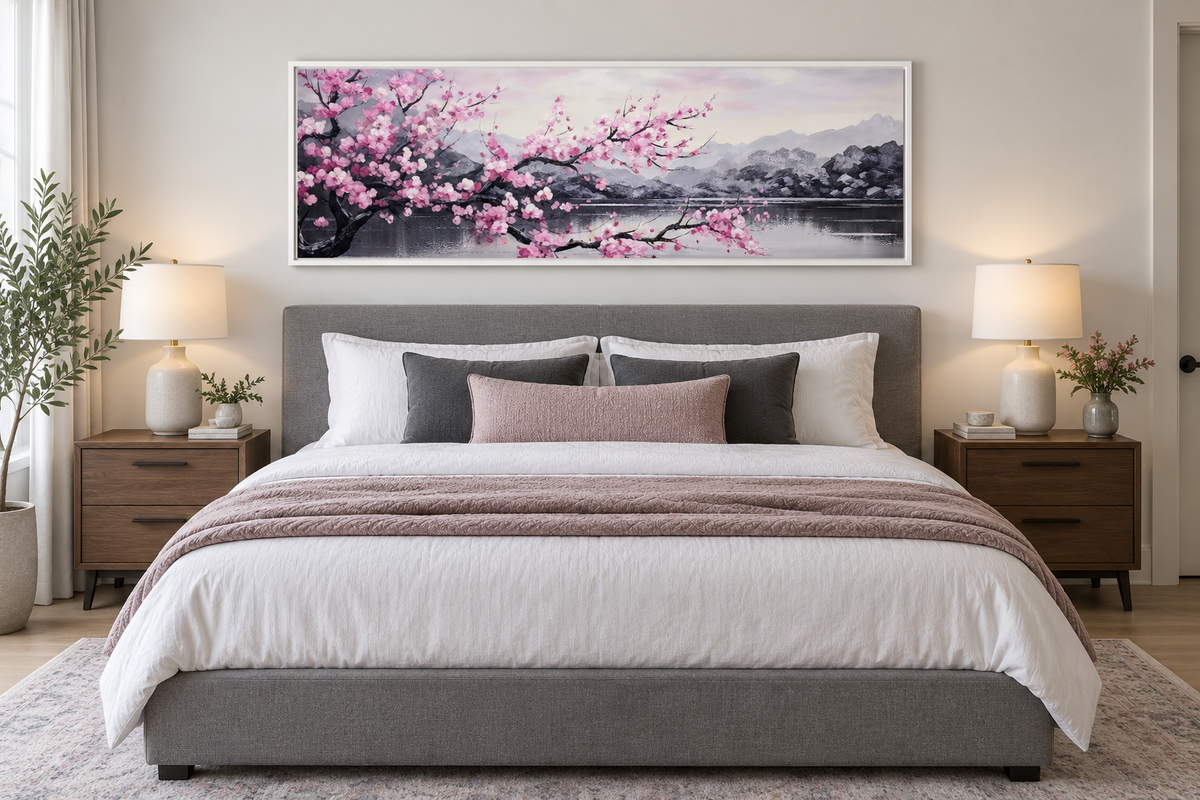 Pink Cherry Blossom On Japanese Landscape Long Horizontal Wall Art