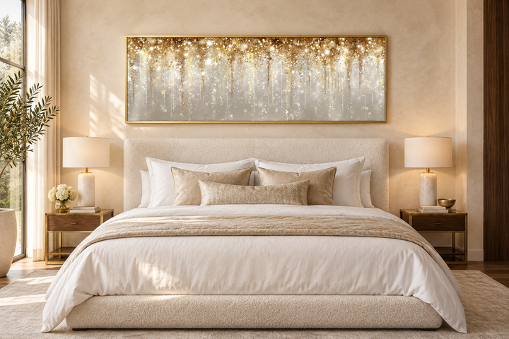 White and gold abstract rain horizontal canvas wall art in a gold frame above a bed.