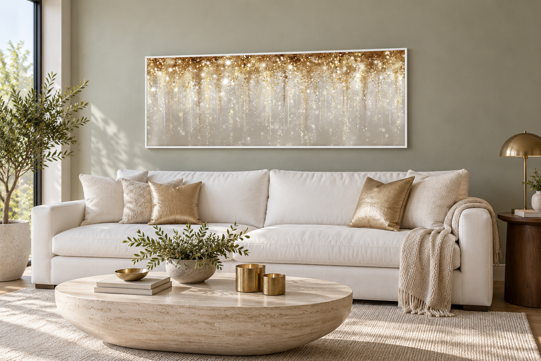 Long horizontal canvas wall art with white and gold abstract rain design above a white couch.