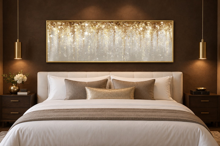 White and gold abstract rain horizontal canvas wall art hanging above a bed in a modern bedroom.