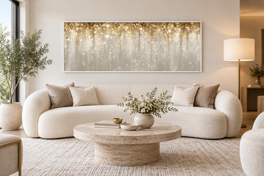 White and gold abstract rain long horizontal canvas wall art hanging above a white boucle sofa.