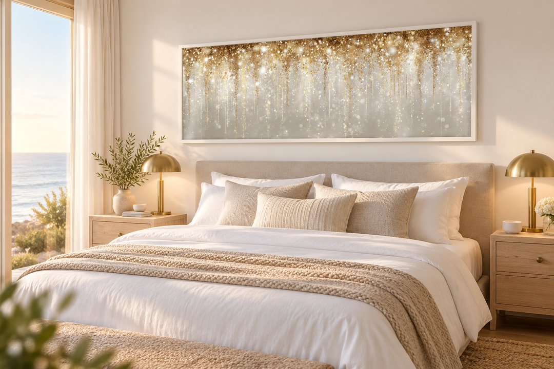 White and gold abstract rain horizontal canvas wall art hanging above a bed in a neutral bedroom.