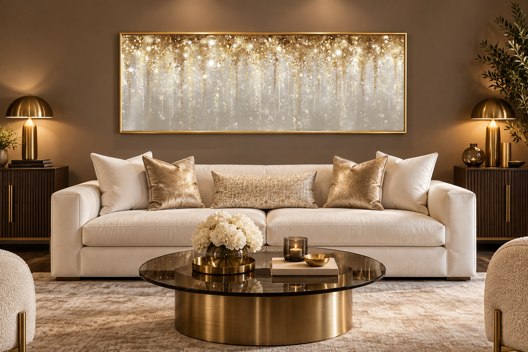 White and gold abstract rain canvas wall art hanging above a white couch in a modern living room.
