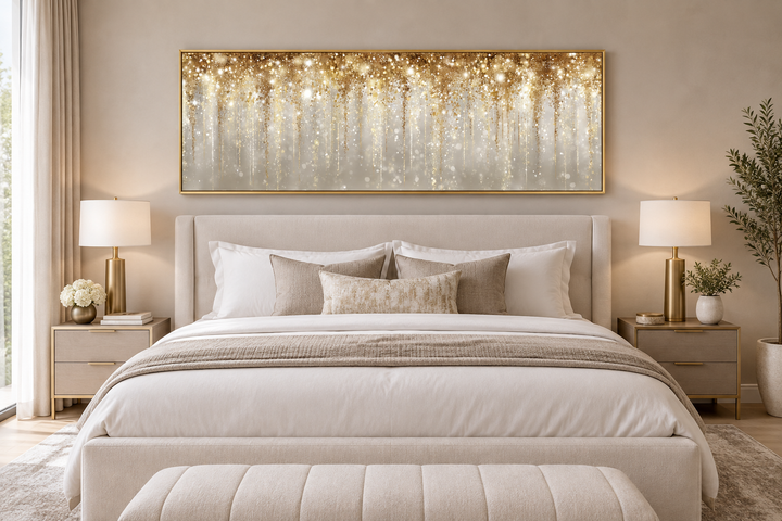 White and gold abstract rain canvas wall art in a gold frame hanging above a bed in a neutral room.