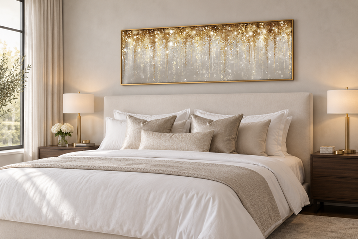 White and gold abstract rain long horizontal canvas wall art hanging above a bed in a bedroom.