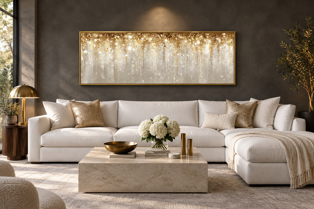 White and gold abstract rain canvas wall art hanging above a white sectional sofa in a living room.