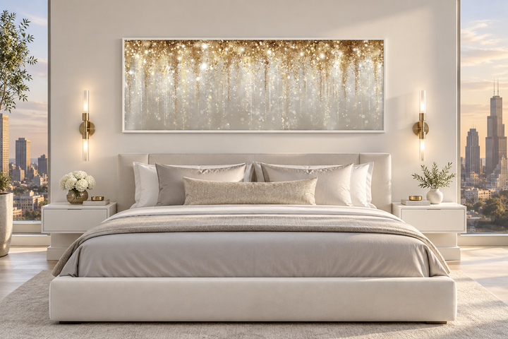 White and gold abstract rain long horizontal canvas wall art hanging above a bed in a modern room.