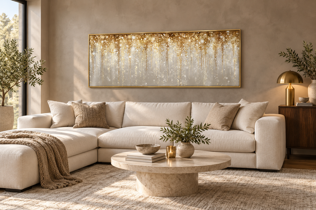 White and gold abstract rain long horizontal canvas wall art hanging above a white sectional sofa.