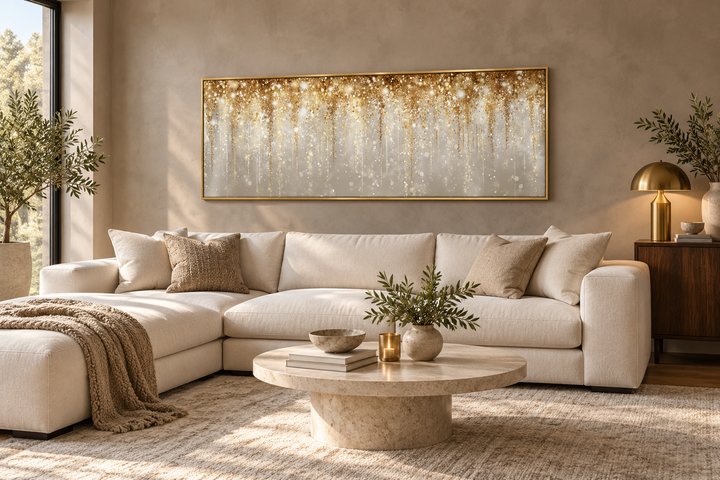 White and gold abstract rain long horizontal canvas wall art hanging above a white sectional sofa.