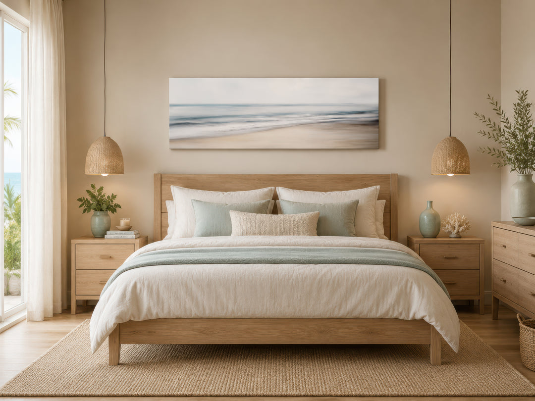 Long horizontal framed canvas wall art of a calm ocean scene hanging above a bed in a bedroom.