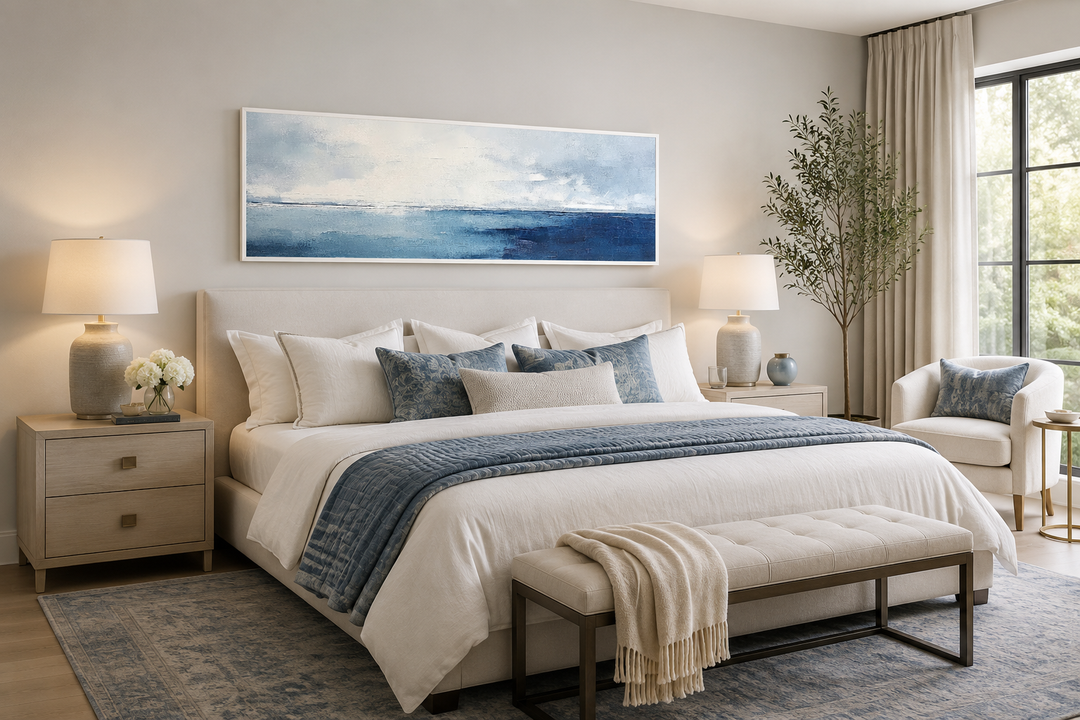 Minimalist panoramic framed canvas wall art featuring a navy blue and grey ocean scene over a bed.