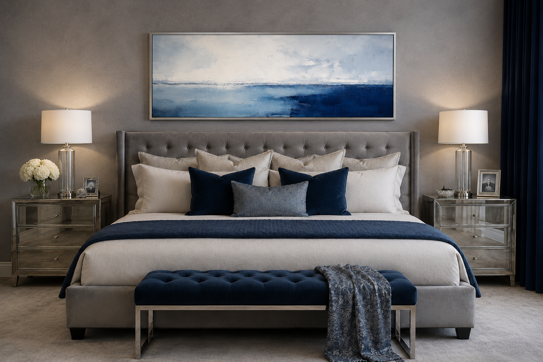 Minimalist ocean navy blue and grey panoramic framed canvas wall art hanging above a bed.