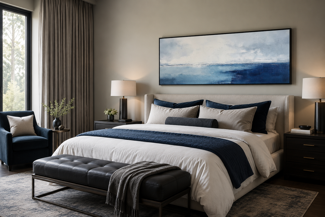 Minimalist ocean navy blue and grey panoramic framed canvas wall art hanging above a bed.