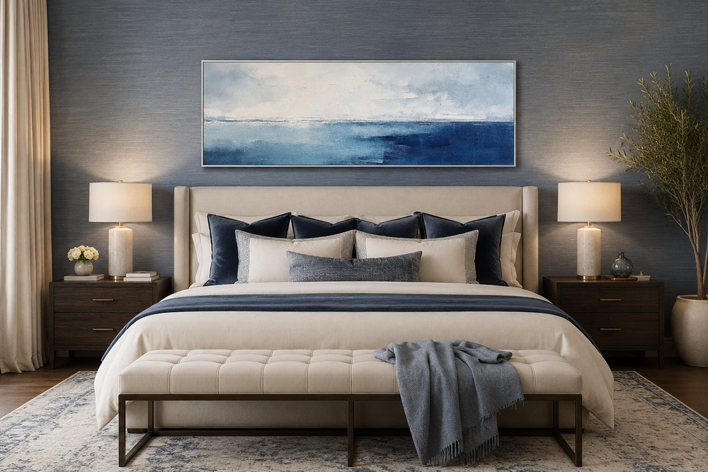 Minimalist ocean navy blue and grey panoramic framed canvas wall art hanging above a bed.