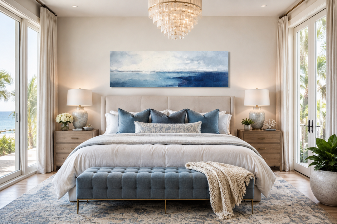 Minimalist ocean navy blue and grey panoramic framed canvas wall art hanging above a bed.