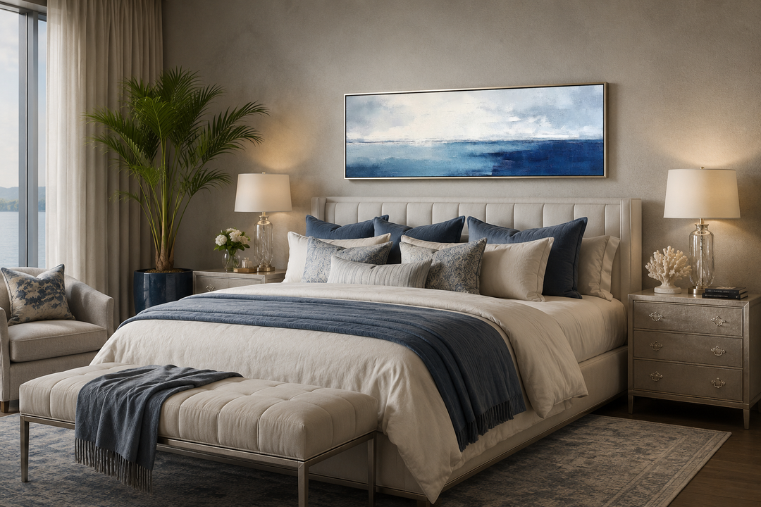 Minimalist navy blue and grey panoramic ocean canvas wall art hanging above a bed in a bedroom.