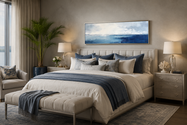 Minimalist navy blue and grey panoramic ocean canvas wall art hanging above a bed in a bedroom.