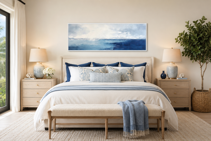 Minimalist panoramic ocean wall art in navy blue and grey framed above a bed in a coastal bedroom.
