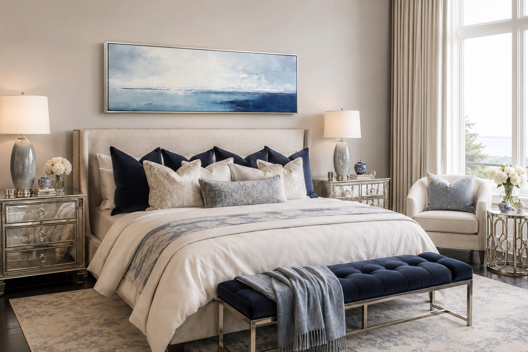 Minimalist ocean navy blue and grey panoramic framed canvas wall art hanging above a bed.