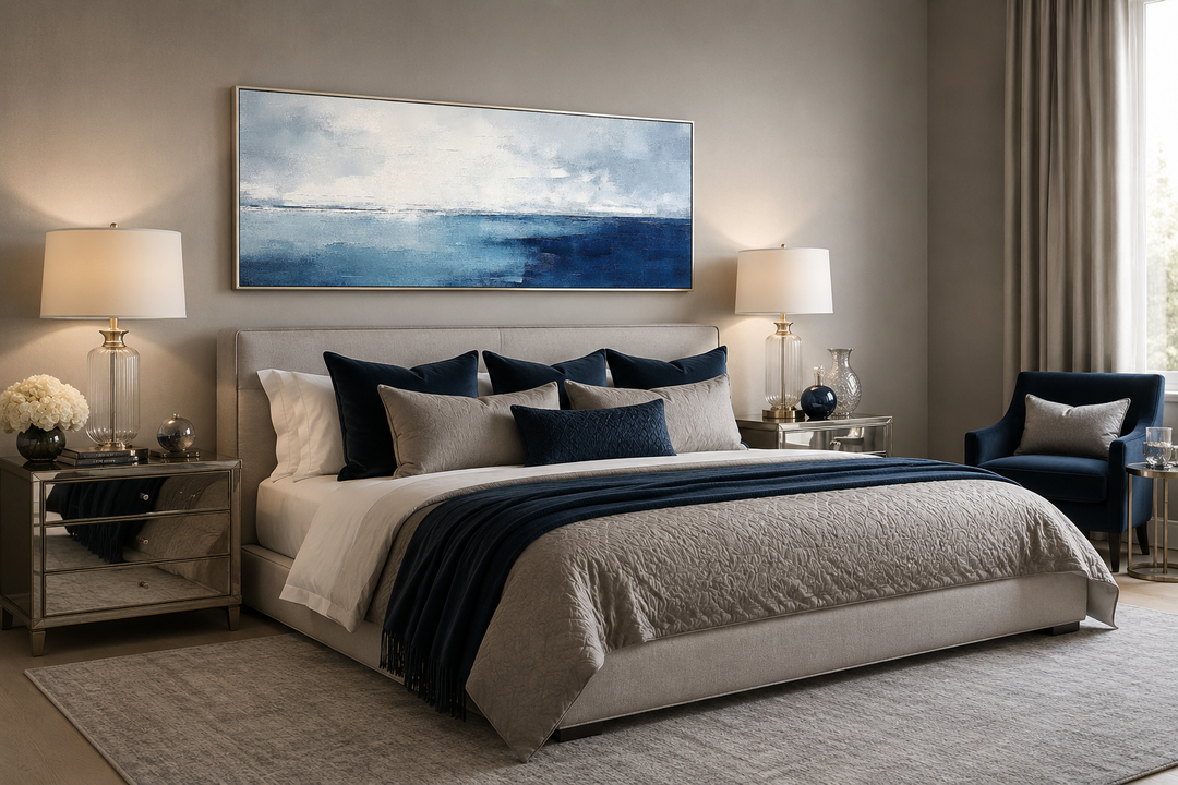 Minimalist panoramic framed canvas wall art featuring a navy blue and grey ocean scene over a bed.