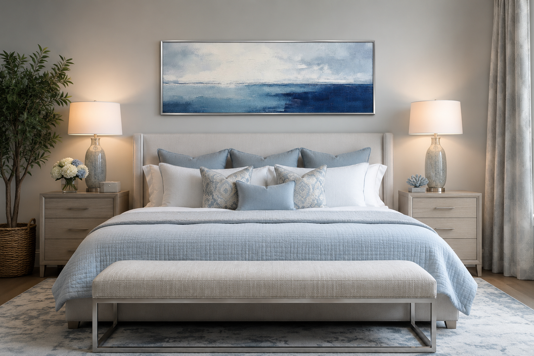 Minimalist ocean navy blue and grey panoramic framed canvas wall art hanging above a bed.