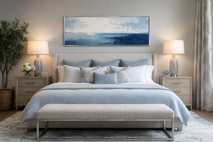 Minimalist ocean navy blue and grey panoramic framed canvas wall art hanging above a bed.