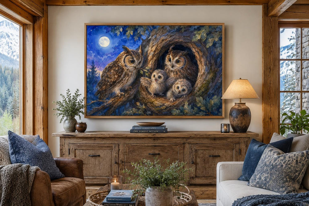 Watercolor owl family painting in a wooden frame above a sideboard in a rustic cabin living room.