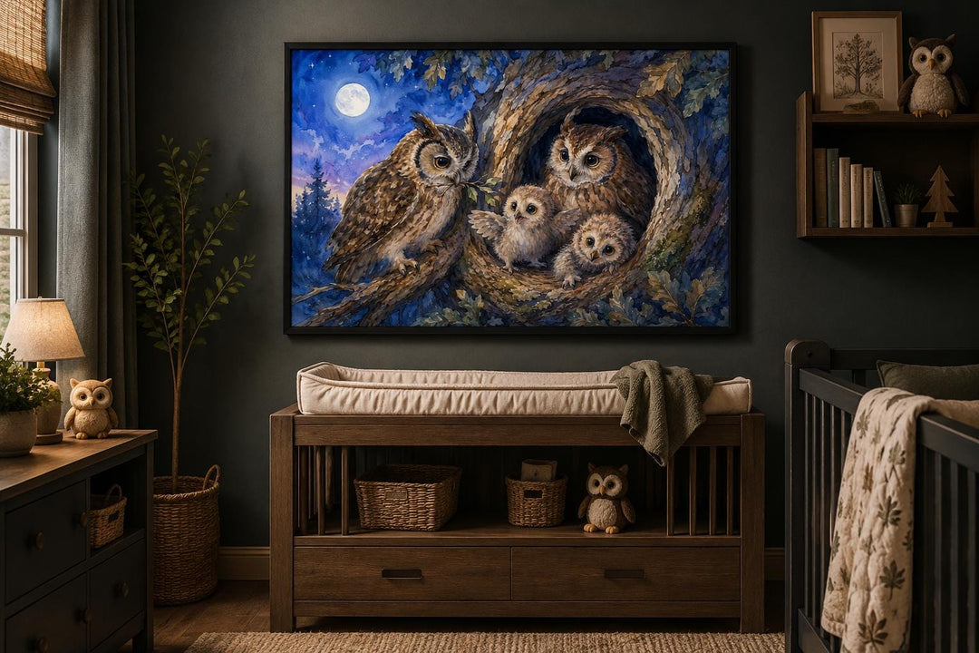 Watercolor owl family wall art in a dark nursery above a wooden changing table.