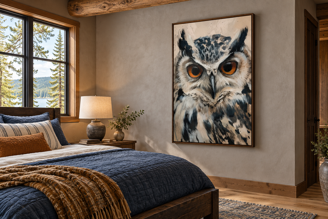 Large framed canvas wall art of an owl's face in a rustic bedroom with neutral tones.