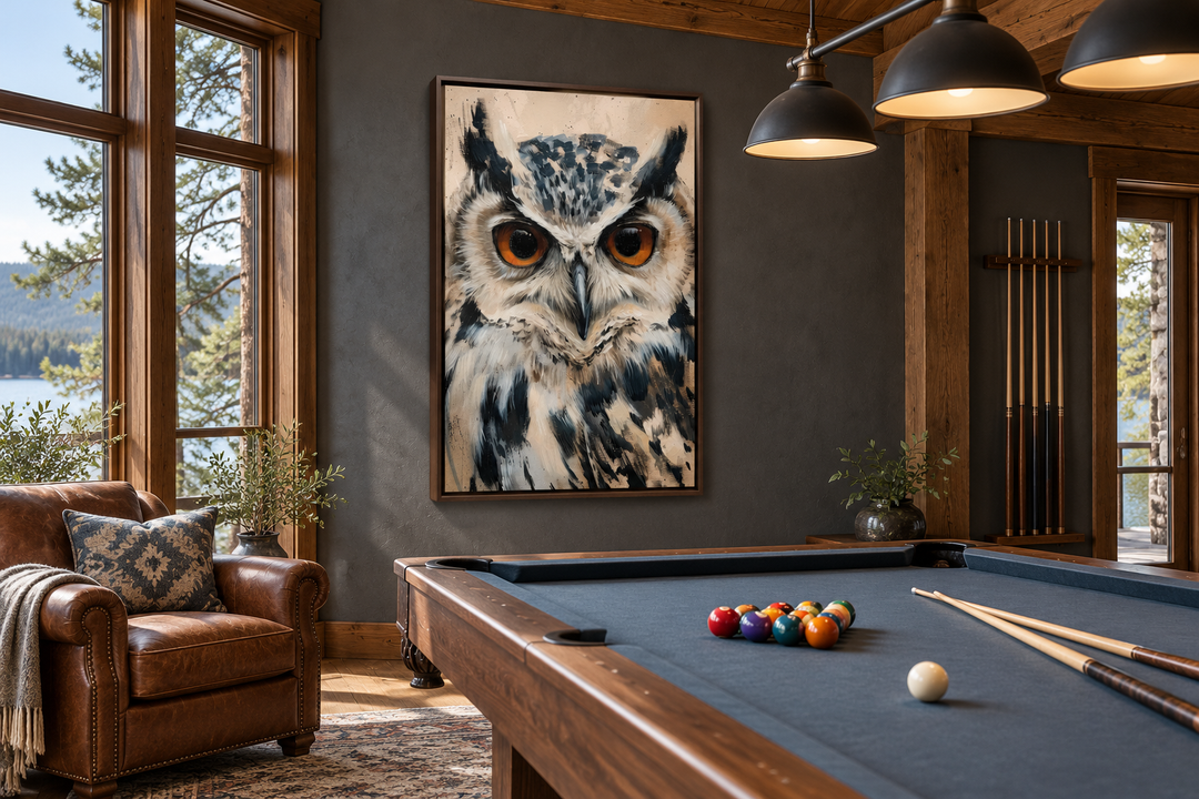 Owl Framed Canvas Wall Art featuring a detailed owl portrait in a rustic billiard room setting.