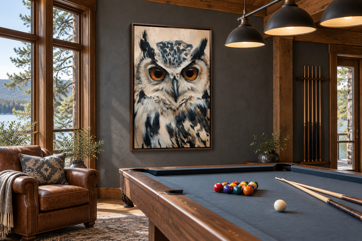 Owl Framed Canvas Wall Art featuring a detailed owl portrait in a rustic billiard room setting.