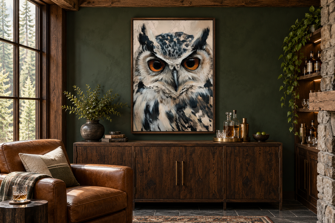 Owl Framed Canvas Wall Art featuring a majestic owl with piercing orange eyes in a rustic room.