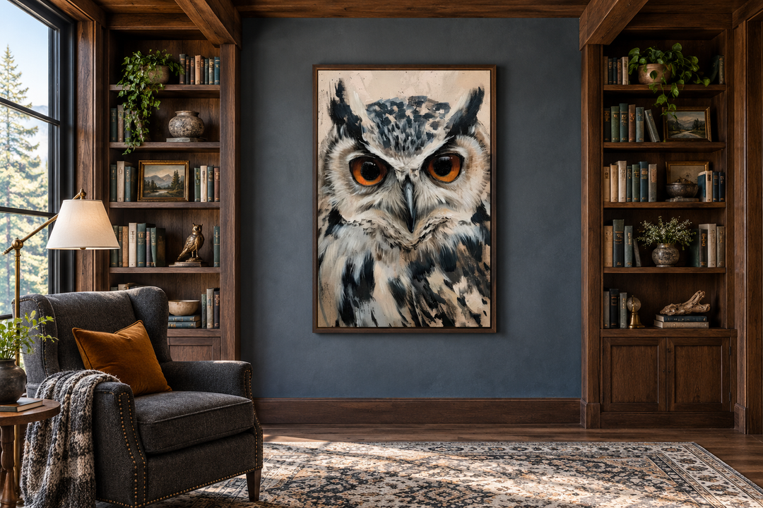 Owl Framed Canvas Wall Art featuring a majestic owl with orange eyes in a rustic library setting.