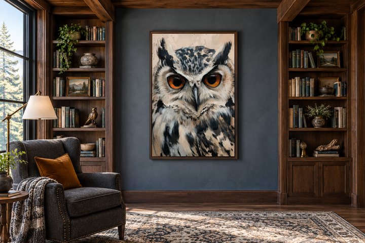 Owl Framed Canvas Wall Art featuring a majestic owl with orange eyes in a rustic library setting.