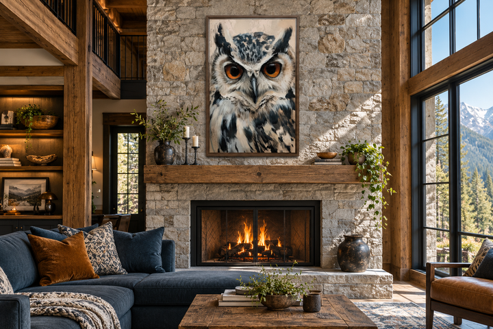 Owl Framed Canvas Wall Art featuring a detailed owl portrait above a rustic stone fireplace.